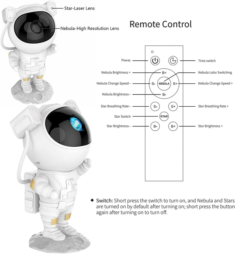 Um grande presente para as crianças e adultos.O projetor de luz ASTRONAUTA ESTRELA, projeta luz noturna com controle remoto 360 design ajustáveis.